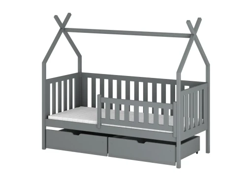 Grå børneseng i tipi design med skuffer. Perfekt til børneværelset.