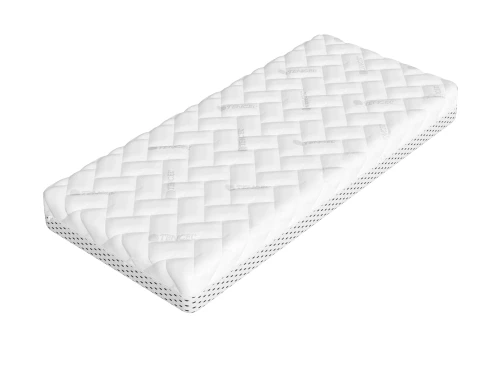 Topbillede af en ny, hvid madras med TENCEL logo og elegant quiltmønster.