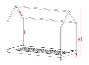 Teknisk tegning af husrammeseng i lyst træ med mål: 90 cm højde, 59 cm dybde, 157 cm totalhøjde.
