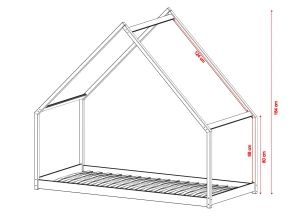 Måltegning af træhus-seng med alle dimensioner vist. Optimal til planlægning af børneværelse.