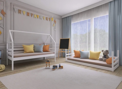 Børneværelse med to hvide hus-senge (daybeds), farverige puder og legetøj. Lyst og indbydende.