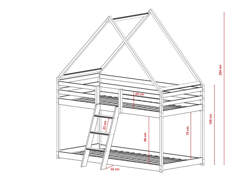 Detaljeret måldiagram af køjeseng med husramme.