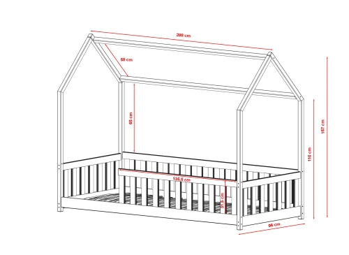 Husseng med dimensioner i cm: 208 L x 96 B x 157 H. Detaljerede mål for en børneseng med gitter.