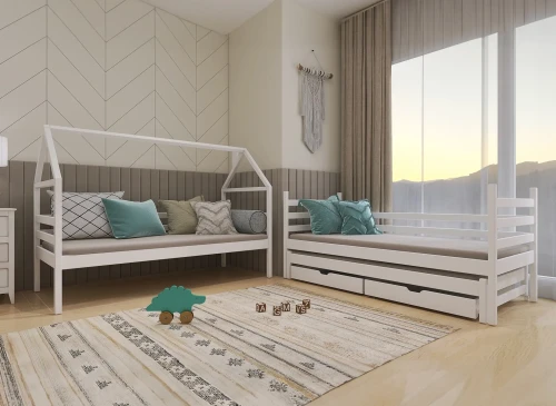 Lyst børneværelse med to hvide senge, en hus-seng og en praktisk udtræksseng med opbevaring.