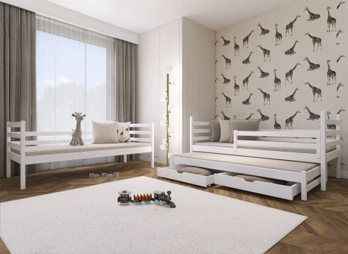 Indbydende børneværelse med hvide senge, en daybed og en seng med udtræksmulighed og opbevaring.