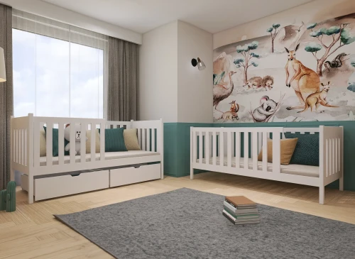 Hvid børneseng med skuffer og tremmeseng i minimalistisk børneværelse med dyrevægmaleri.