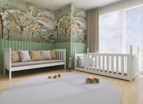 Lyst børneværelse med hvid daybed, tremmeseng og tropisk tapet. Grønne paneler og stort vindue.