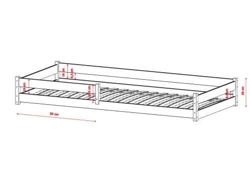 Teknisk tegning af en hvid sengeramme med mål på 92 cm.