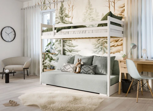 Højseng med sofa i et børneværelse med skovtapet.
