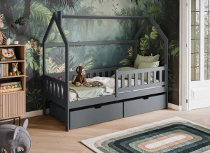 Moderne grå hus seng med opbevaringsskuffer i et børneværelse med jungle tema.