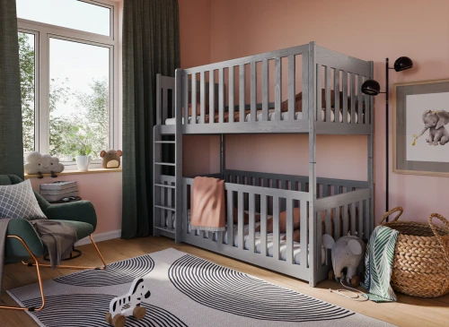 Grå køjeseng i børneværelse med tremmeseng forneden. Moderne møbel i gråt træ.