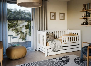Hvid træbørneseng i daybed-stil med udtræksseng og opbevaring i et moderne børneværelse med altanadgang.