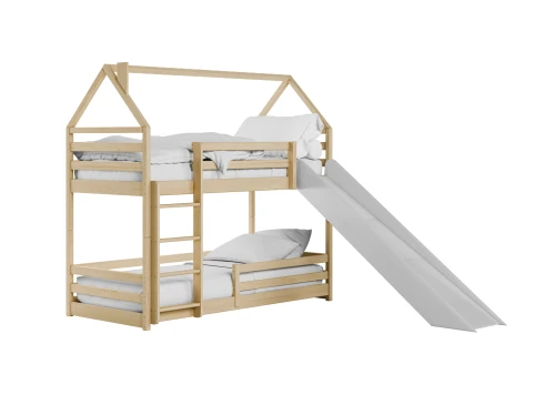 Køjeseng med rutsjebane, isoleret på en hvid baggrund. Simpelt design.