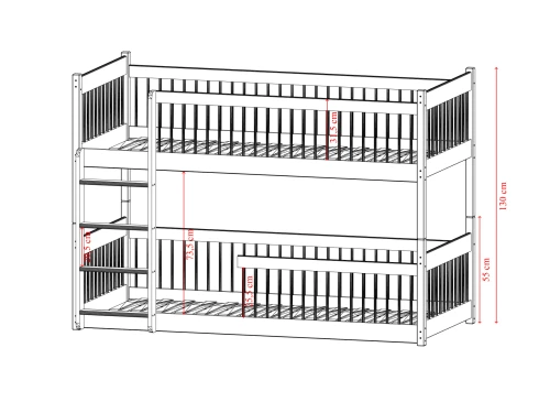 Teknisk tegning af køjeseng i fyrretræ med detaljerede dimensioner.