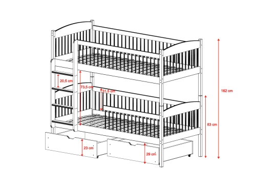 Teknisk tegning af hvid køjeseng med to skuffer og detaljerede mål i centimeter.