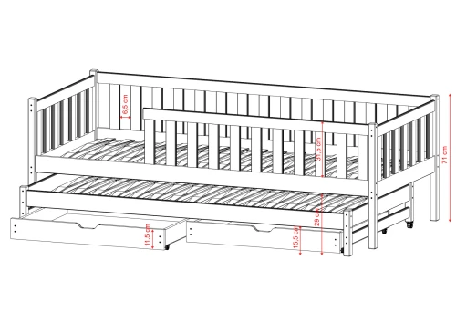 Detaljeret målingsdiagram af hvid børneseng med skuffer.