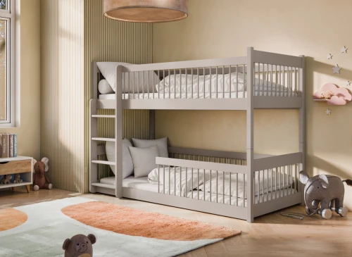 Moderne grå køjeseng i et indbydende børneværelse.