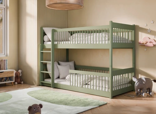 Stilfuld grøn køjeseng i et lyst og venligt børneværelse.