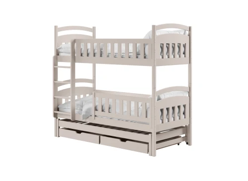 Beige køjeseng i træ med stige og to rummelige opbevaringsskuffer under sengen, isoleret på hvid baggrund.