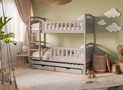 Grå køjeseng i børneværelse med grønne vægge, gulv, tæppe og dekorative skyer. Perfekt til søskende.