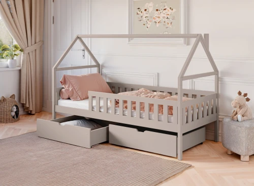 Grå husseng med opbevaringsskuffer i børneværelse. Moderne design med plads til leg.