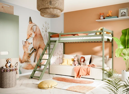 Børneværelse med køjeseng, daybed, rævevægmaleri, grønne og orange farver, og en stor plante.