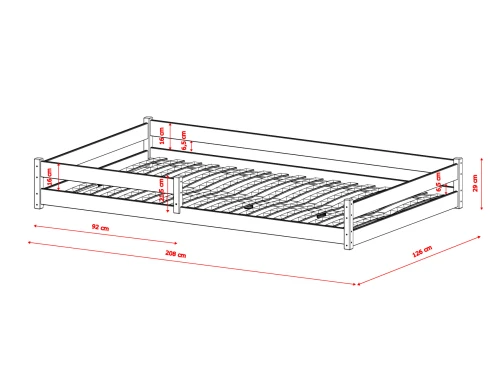 Teknisk tegning af enkeltseng med lamelbund, der viser dimensioner: 92 cm, 208 cm, 29 cm.