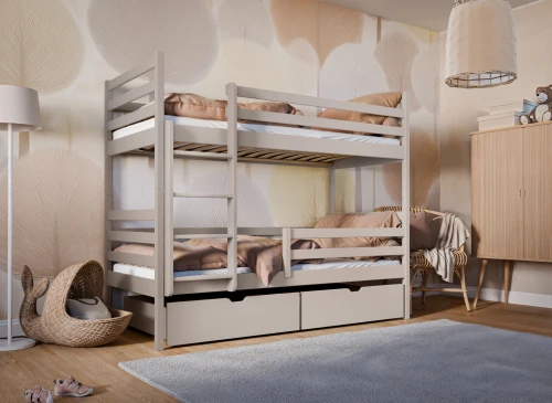 Børneværelse med grå køjeseng i træ, opbevaringsskuffer, sengetøj i beige nuancer og bløde tæpper. Hyggelig indretning.