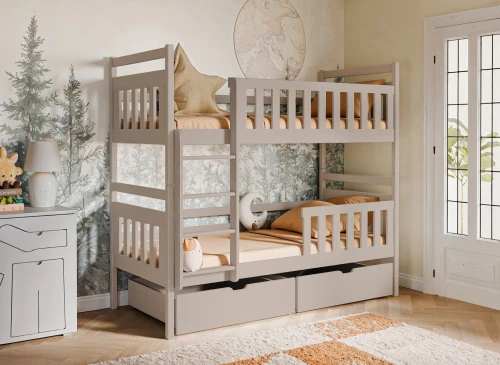 Moderne grå køjeseng med skuffer. Pladsbesparende og stilfuld til børneværelset med hyggelig atmosfære.