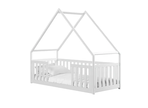 Hvid husseng til børn i minimalistisk design med sengehest, isoleret på hvid baggrund.