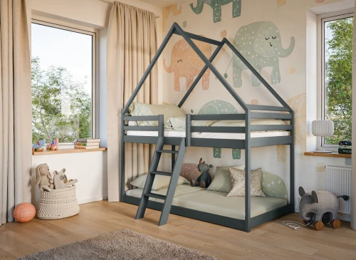 Grå husformet køjeseng med stige i et børneværelse med elefanttapet og legetøj.
