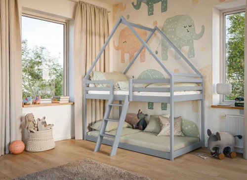 Grå køjeseng i husdesign med grønt sengetøj i børneværelse med elefanttapet.