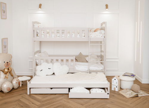 Komplet køjeseng med udtræksseng og opbevaringsskuffer til børneværelset. Hyggelig og funktionel indretning.