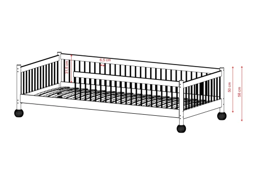 Teknisk tegning af hvid tremmeseng/juniorseng med sidestøtter. Viser detaljerede mål for højde og bredde.