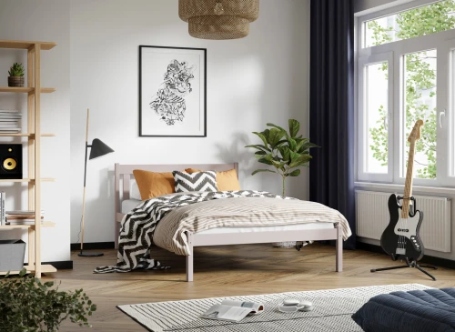 Ungdomsværelse med lyserød træseng, orange puder, stribet sengetøj, bogreol og basguitar.