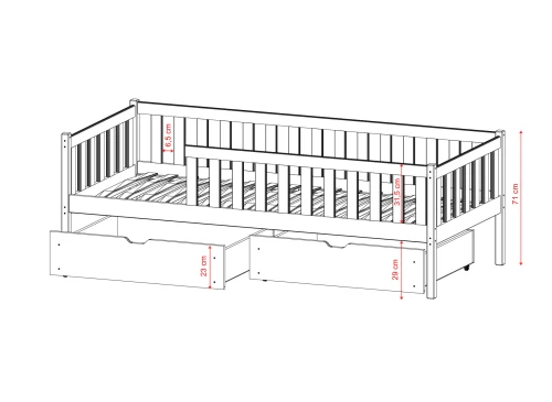 Målskitse af hvid tremmeseng/juniorseng i træ, detaljerede dimensioner for sengen og skufferne.