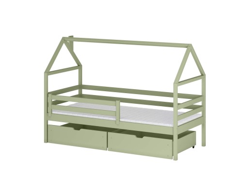 Støvet grøn husseng med sengehest og skuffer