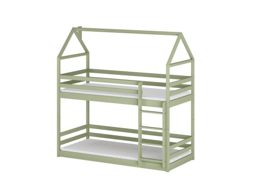 Teknisk tegning af en husseng til børn med mål og to skuffer til opbevaring.