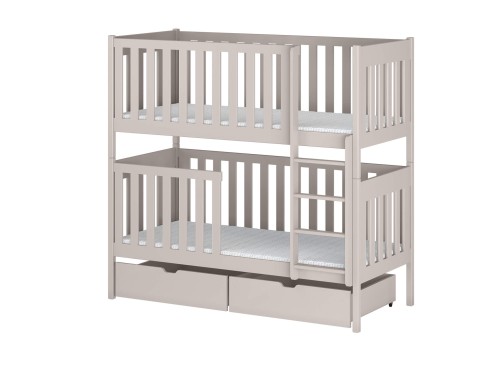 Grå køjeseng med skuffer. God plads til to børn i stilfuldt design.