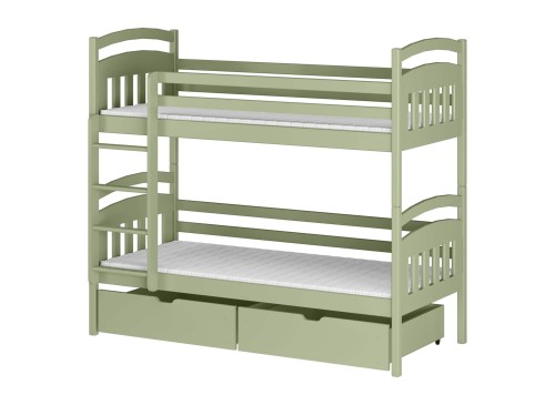 Grøn køjeseng med to skuffer og stige. God kvalitet og design.