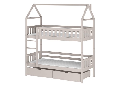 Hvidt skitsebillede af hus-seng med udtræksseng og skuffer, inkl. detaljerede mål.