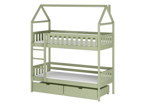 Hvidt skitsebillede af hus-seng med udtræksseng og skuffer, inkl. detaljerede mål.