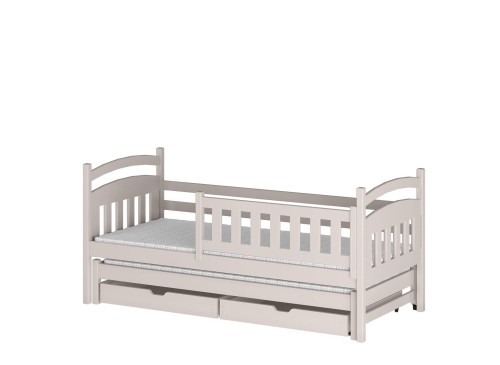 Illustration af sengens dimensioner: højde 85 cm, med udtræk og skuffer.