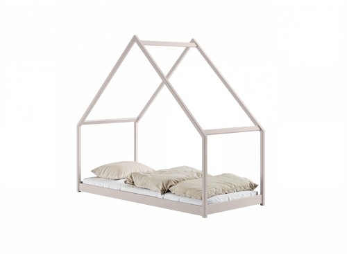 Lyserød husseng med beige sengetøj, minimalistisk design.