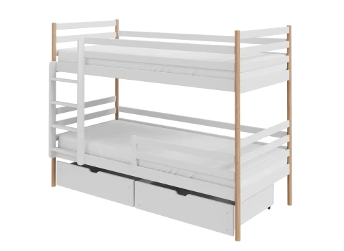 Teknisk tegning af køjeseng i træ med detaljerede mål og praktiske udtræksskuffer. Ideel pladsoptimering.