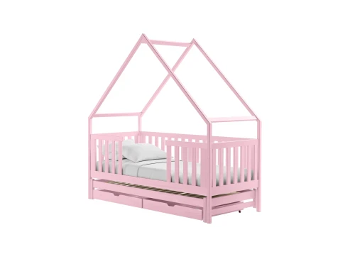 Pink husseng med tremmer, sengegavl og to opbevaringsskuffer. Designet som en børneseng med et hyggeligt tag.