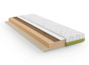 Snitbillede af madras med flere lag naturmaterialer, ventileret skum og quiltet top – optimal komfort.