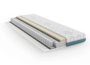 Snit af madras, der viser lag med pocketfjedre, skum og quiltet top for optimal komfort og støtte.