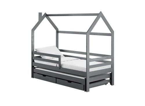 Grå husseng med udtræksseng og to opbevaringsskuffer, perfekt til børneværelset.