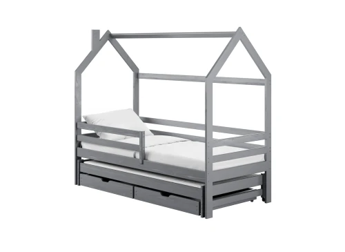 Dimensioner for hvid køjeseng formet som et hus med ekstra seng.